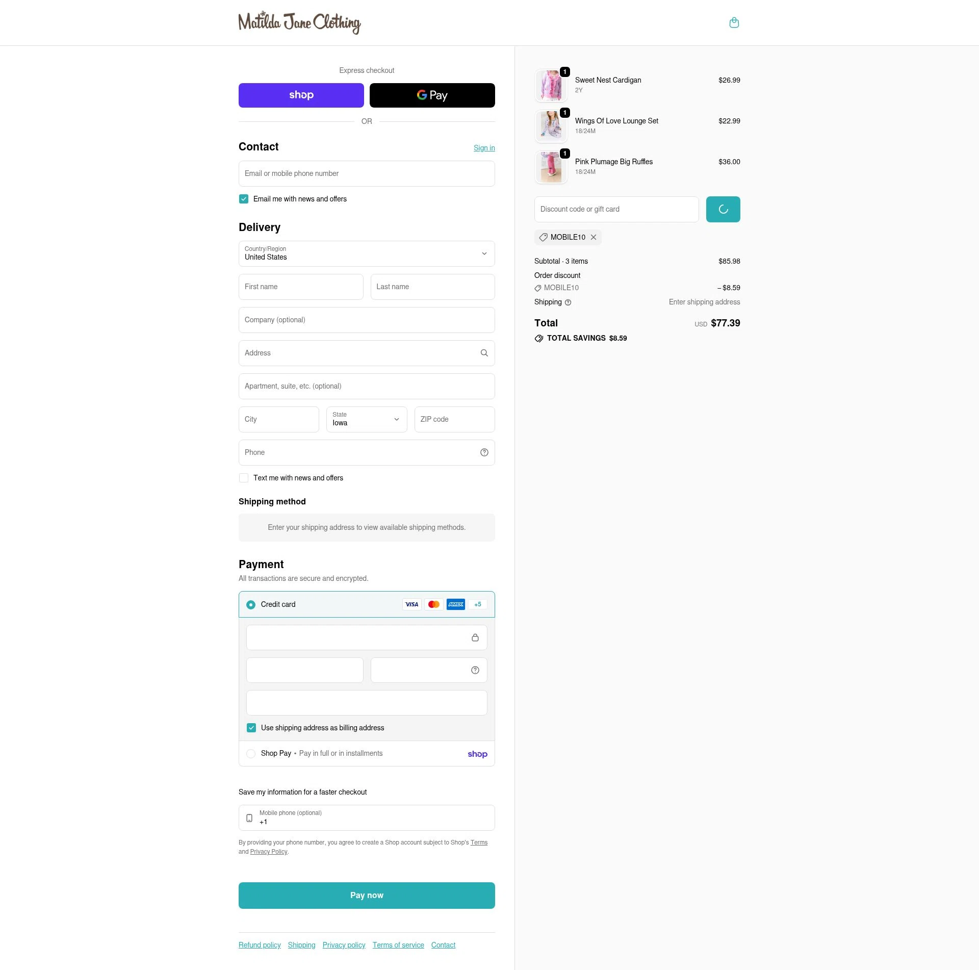 Matilda Jane Clothing checkout page showing Matilda Jane Clothing coupon code box | Screenshot taken by SimplyCodes community member on Feb 20, 2026