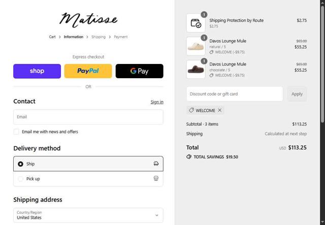 Matisse Footwear checkout page showing Matisse Footwear discount code box | Screenshot taken by SimplyCodes community member on Sep 12, 2025