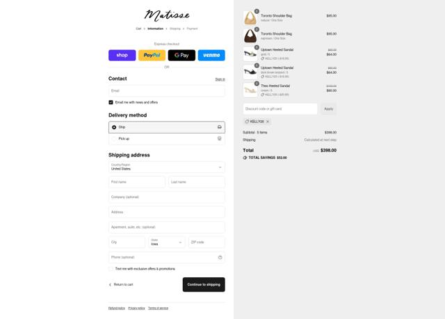 Matisse Footwear checkout page showing Matisse Footwear discount code box | Screenshot taken by SimplyCodes community member on Sep 12, 2025