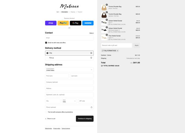 Matisse Footwear checkout page showing Matisse Footwear discount code box | Screenshot taken by SimplyCodes community member on Sep 12, 2025