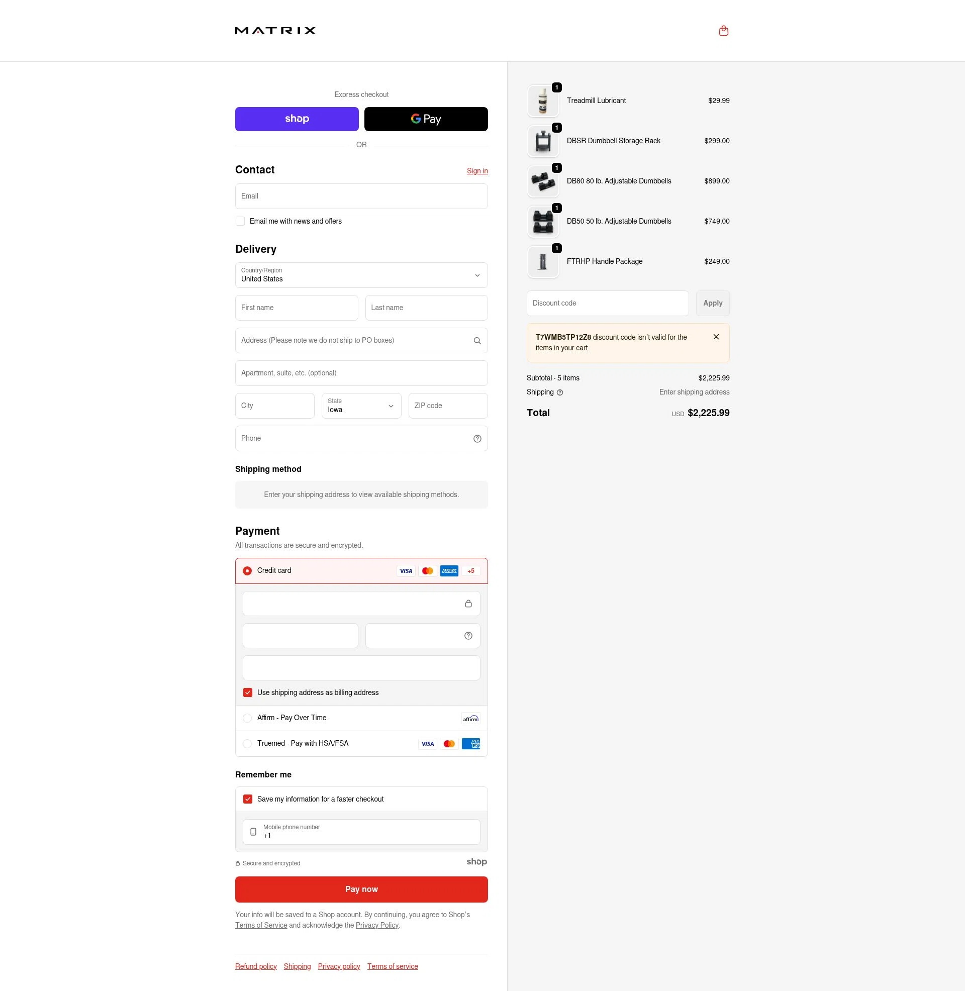 Matrix Fitness checkout page showing Matrix Fitness promo code box | Screenshot taken by SimplyCodes community member on Dec 18, 2025