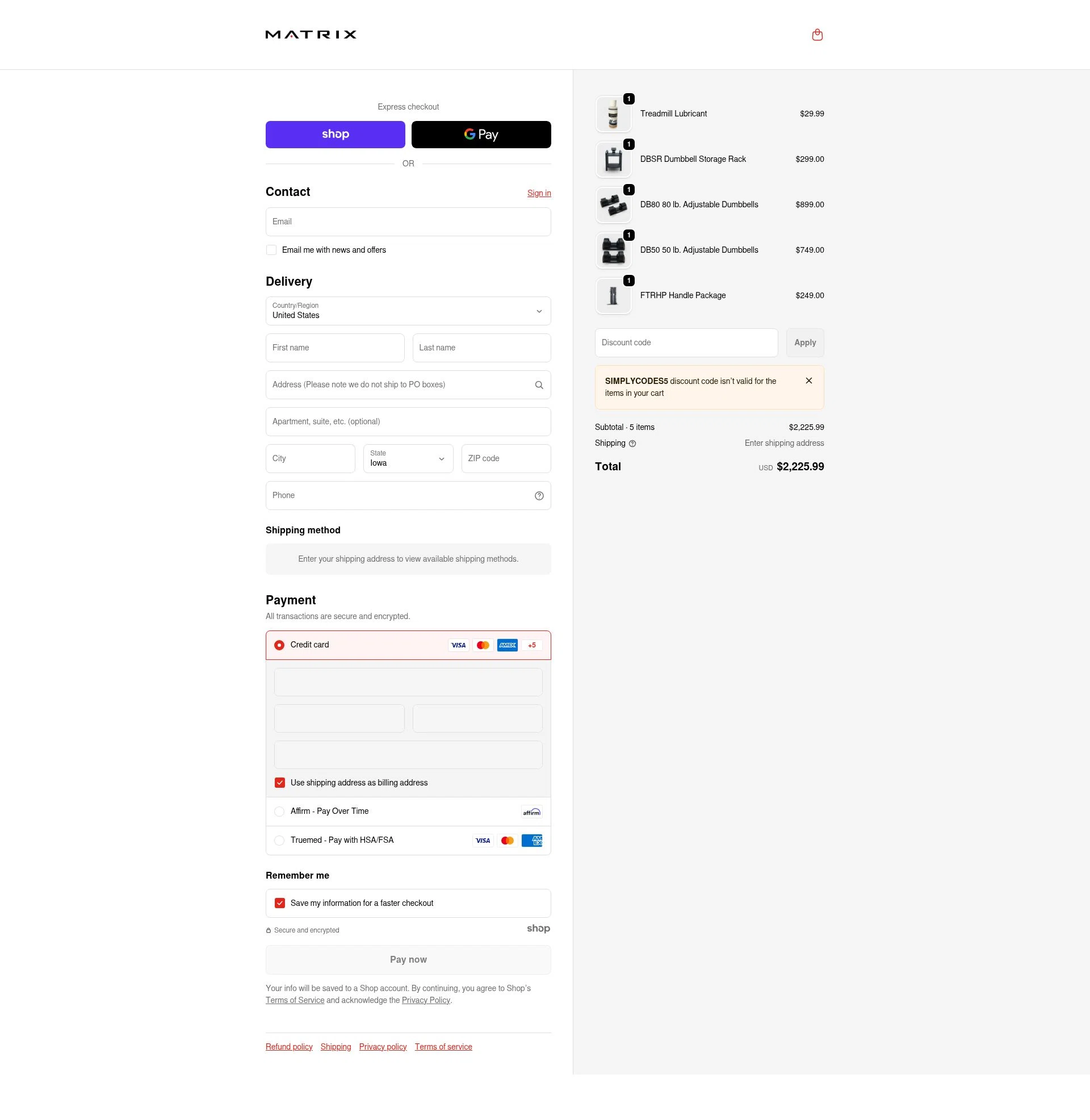 Matrix Fitness checkout page showing Matrix Fitness promo code box | Screenshot taken by SimplyCodes community member on Dec 29, 2025