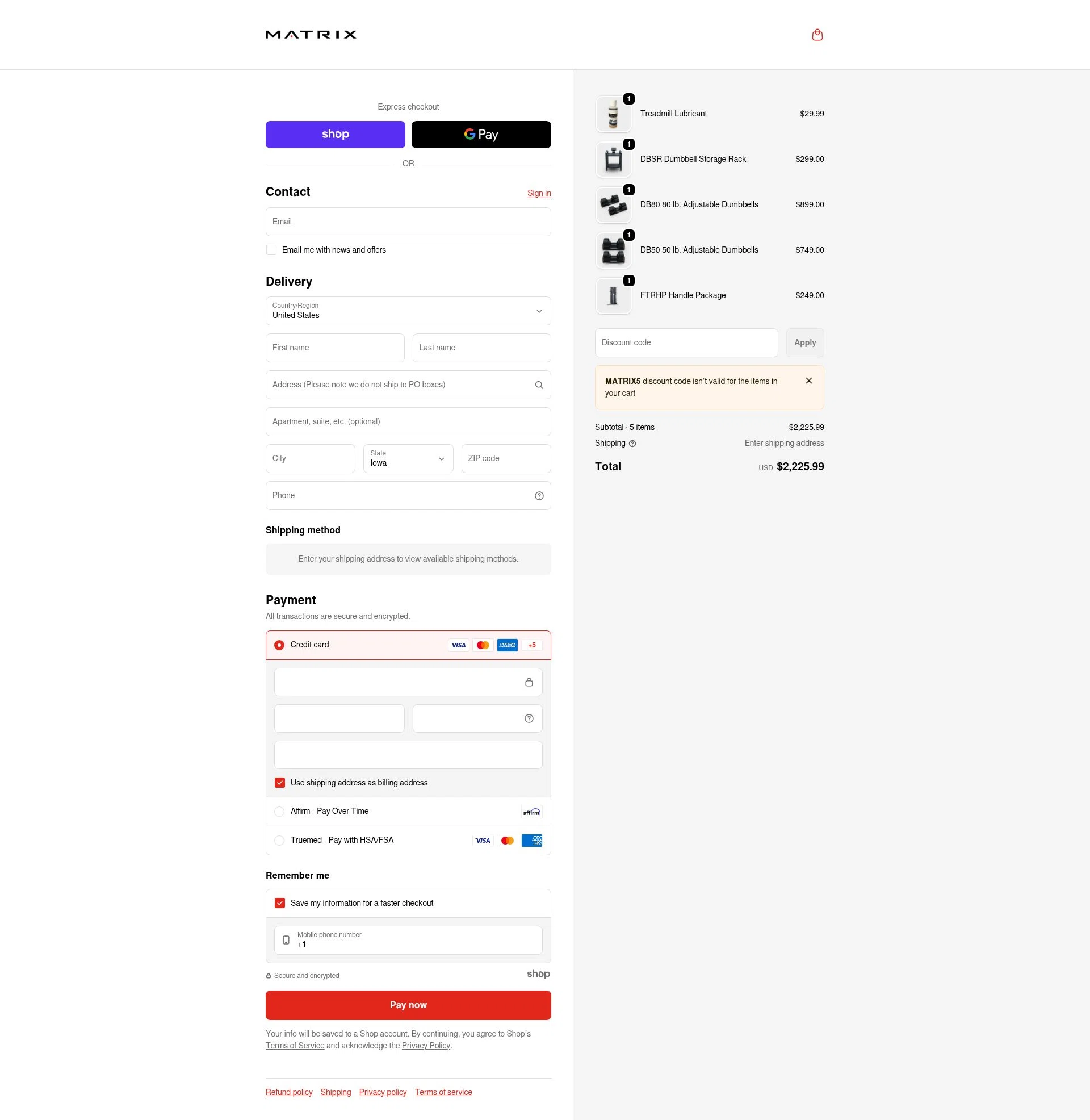 Matrix Fitness checkout page showing Matrix Fitness promo code box | Screenshot taken by SimplyCodes community member on Dec 18, 2025