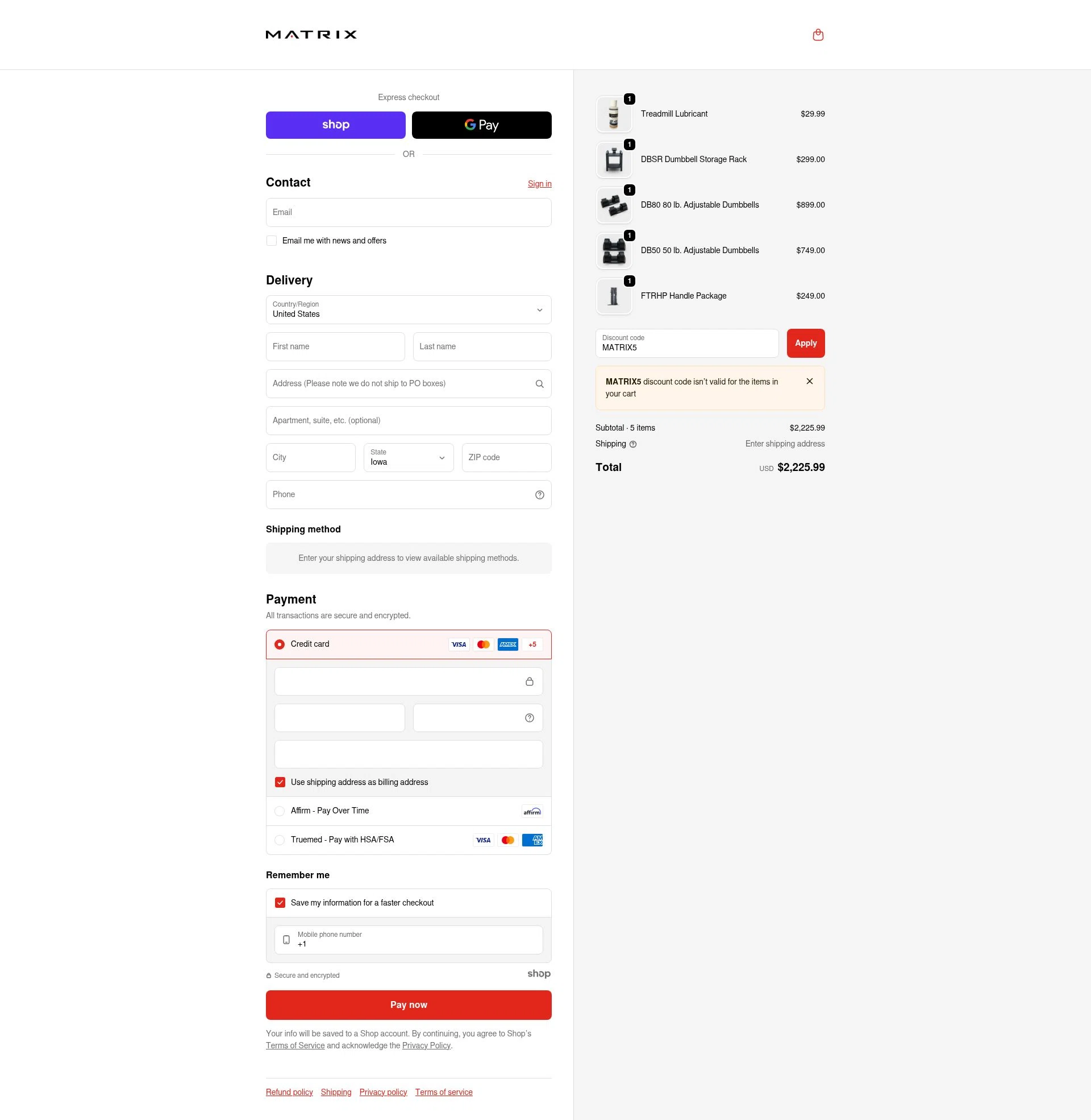 Matrix Fitness checkout page showing Matrix Fitness promo code box | Screenshot taken by SimplyCodes community member on Dec 12, 2025