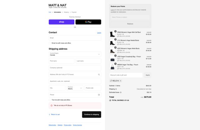 Matt & Nat checkout page showing Matt & Nat coupon code box | Screenshot taken by SimplyCodes community member on Aug 29, 2025