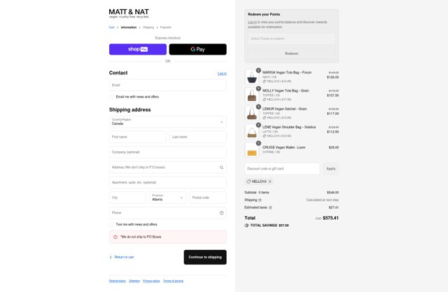 Matt & Nat checkout page showing Matt & Nat coupon code box | Screenshot taken by SimplyCodes community member on Aug 20, 2025