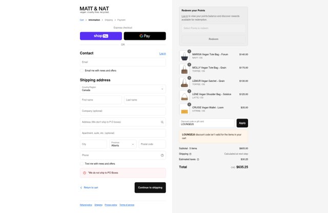 Matt & Nat checkout page showing Matt & Nat coupon code box | Screenshot taken by SimplyCodes community member on Aug 20, 2025
