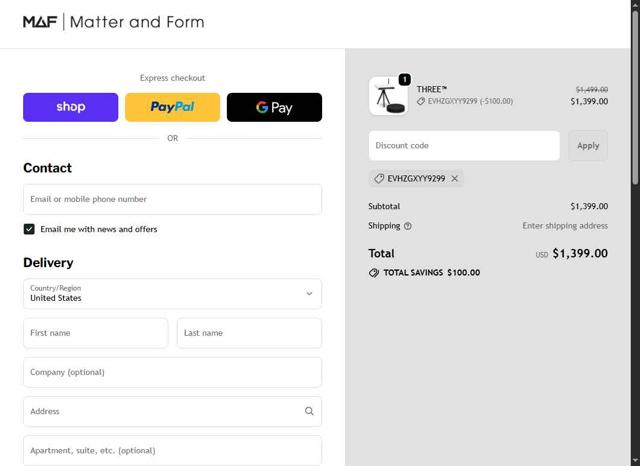 Matter and Form checkout page showing Matter and Form promo code box | Screenshot taken by SimplyCodes community member on Sep 27, 2025
