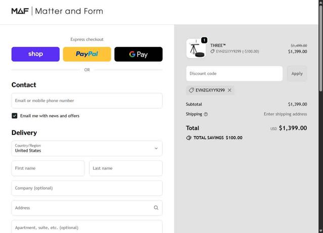 Matter and Form checkout page showing Matter and Form promo code box | Screenshot taken by SimplyCodes community member on Sep 27, 2025