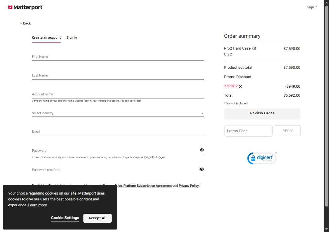 Matterport checkout page showing Matterport promo code box | Screenshot taken by SimplyCodes community member on Apr 28, 2025