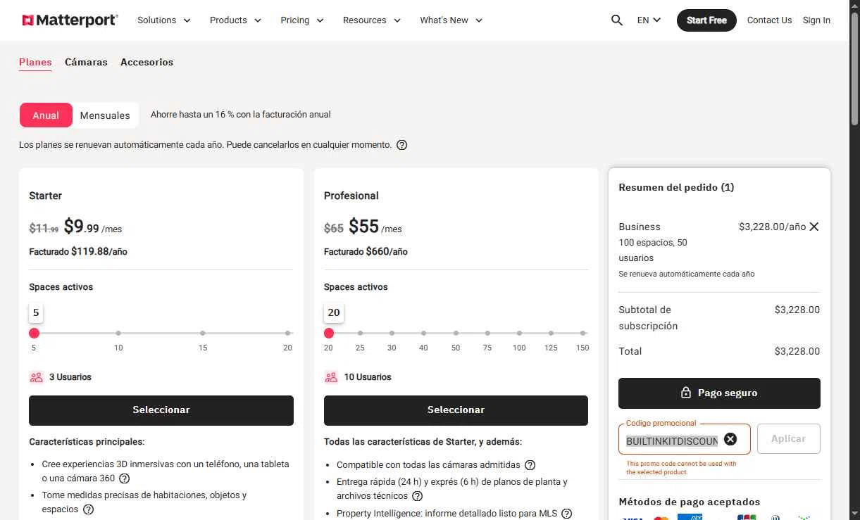 Matterport checkout page showing Matterport promo code box | Screenshot taken by SimplyCodes community member on May 11, 2025