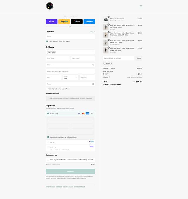 Maui and Sons checkout page showing Maui and Sons coupon code box | Screenshot taken by SimplyCodes community member on Sep 10, 2025