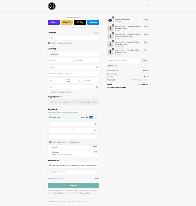Maui and Sons checkout page showing Maui and Sons coupon code box | Screenshot taken by SimplyCodes community member on Sep 14, 2025