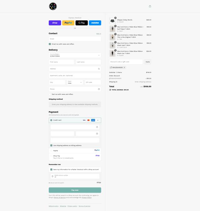 Maui and Sons checkout page showing Maui and Sons coupon code box | Screenshot taken by SimplyCodes community member on Sep 14, 2025