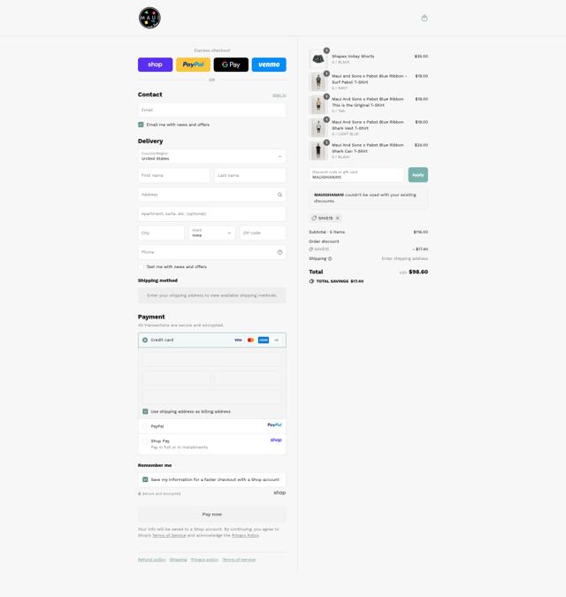 Maui and Sons checkout page showing Maui and Sons coupon code box | Screenshot taken by SimplyCodes community member on Sep 10, 2025