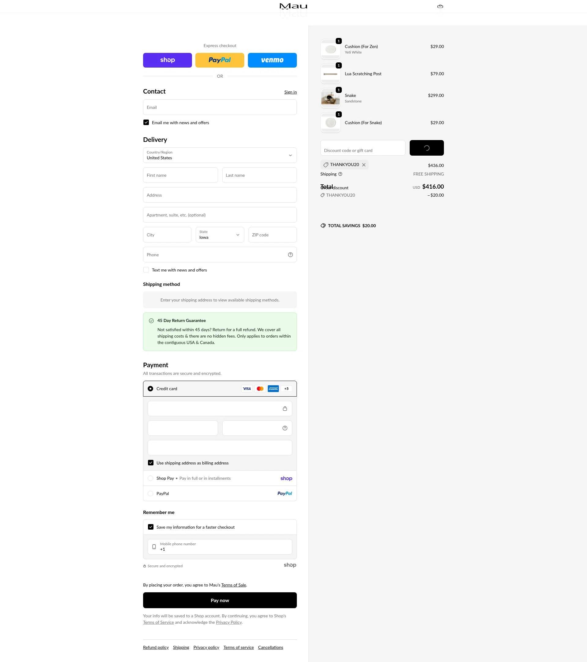 Mau Pets checkout page showing Mau Pets discount code box | Screenshot taken by SimplyCodes community member on Jan 23, 2026