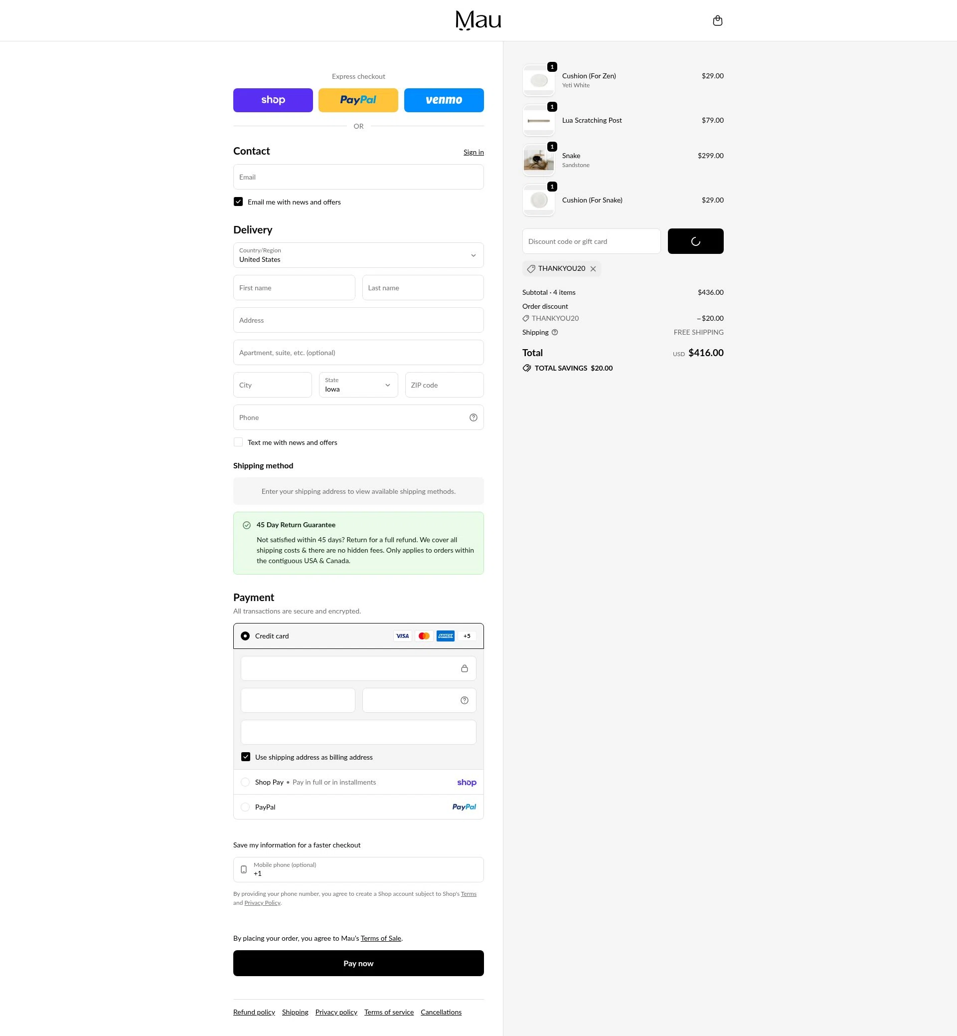 Mau Pets checkout page showing Mau Pets discount code box | Screenshot taken by SimplyCodes community member on Feb 1, 2026