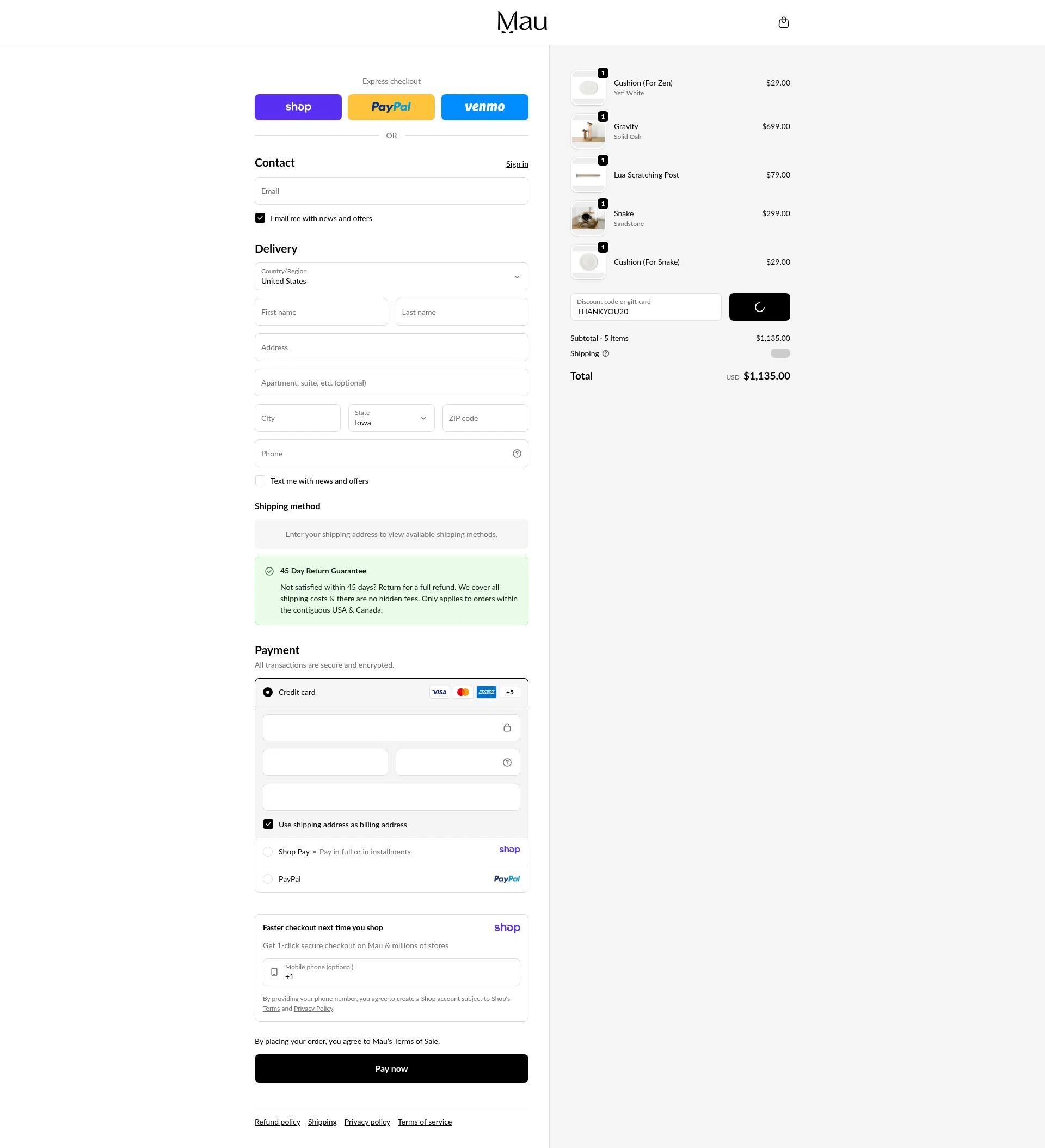 Mau Pets checkout page showing Mau Pets discount code box | Screenshot taken by SimplyCodes community member on Jan 13, 2026
