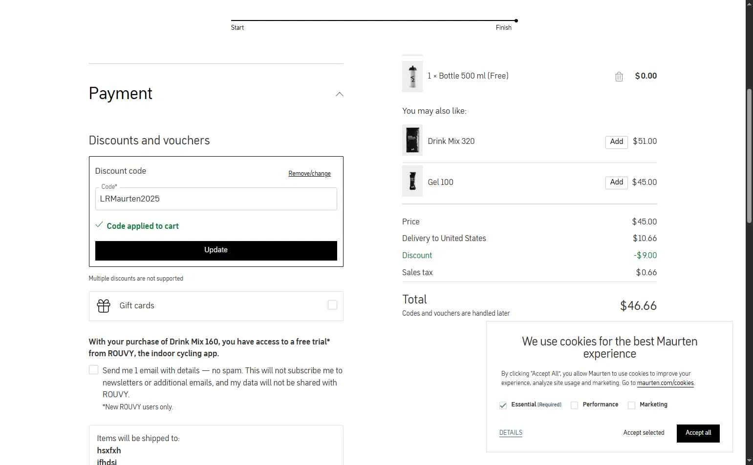 Maurten checkout page showing Maurten discount code box | Screenshot taken by SimplyCodes community member on Dec 29, 2025