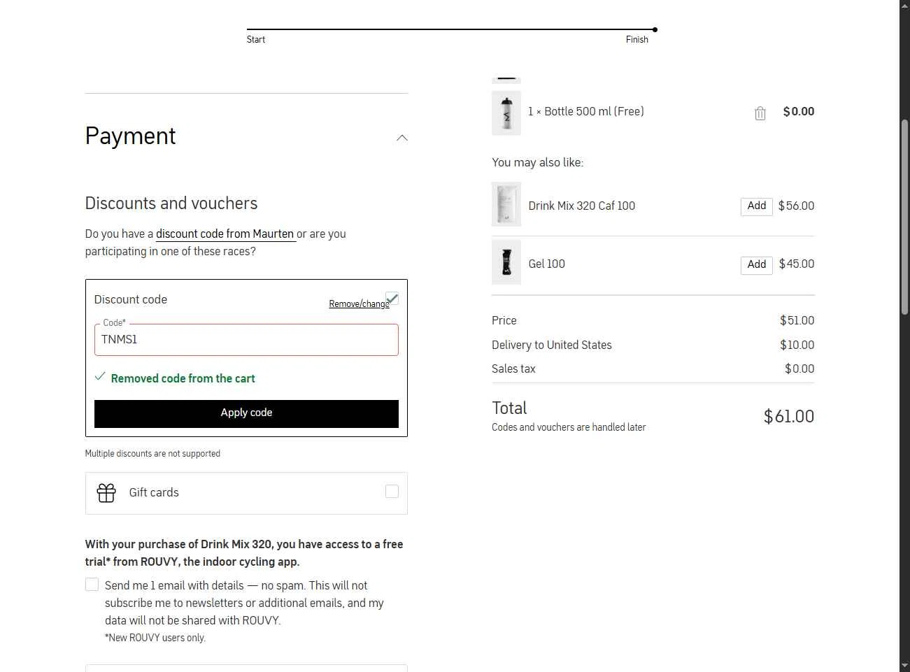 Maurten checkout page showing Maurten discount code box | Screenshot taken by SimplyCodes community member on Jan 10, 2026