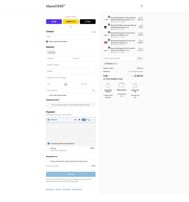 Mauviel checkout page showing Mauviel discount code box | Screenshot taken by SimplyCodes community member on Sep 6, 2025