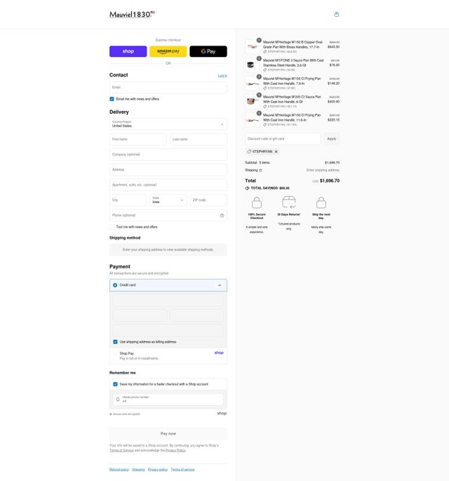 Mauviel checkout page showing Mauviel discount code box | Screenshot taken by SimplyCodes community member on Sep 2, 2025