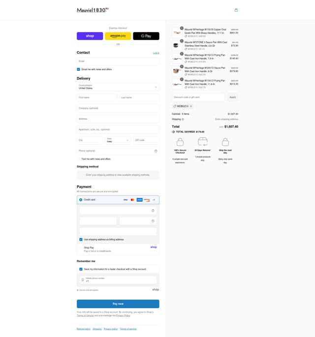 Mauviel checkout page showing Mauviel discount code box | Screenshot taken by SimplyCodes community member on Sep 7, 2025