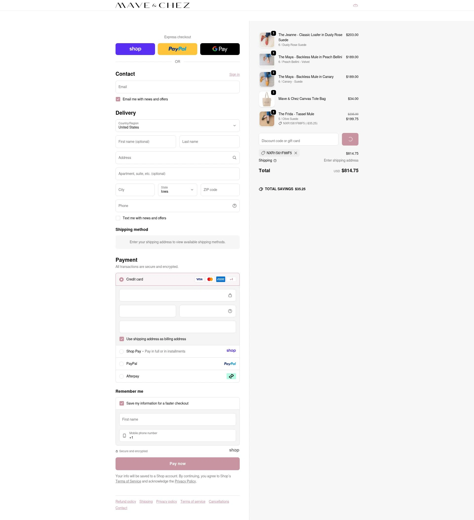 Mave & Chez checkout page showing Mave & Chez promo code box | Screenshot taken by SimplyCodes community member on Dec 24, 2025