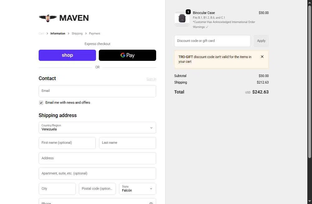 Maven Built checkout page showing Maven Built discount code box | Screenshot taken by SimplyCodes community member on Feb 5, 2026