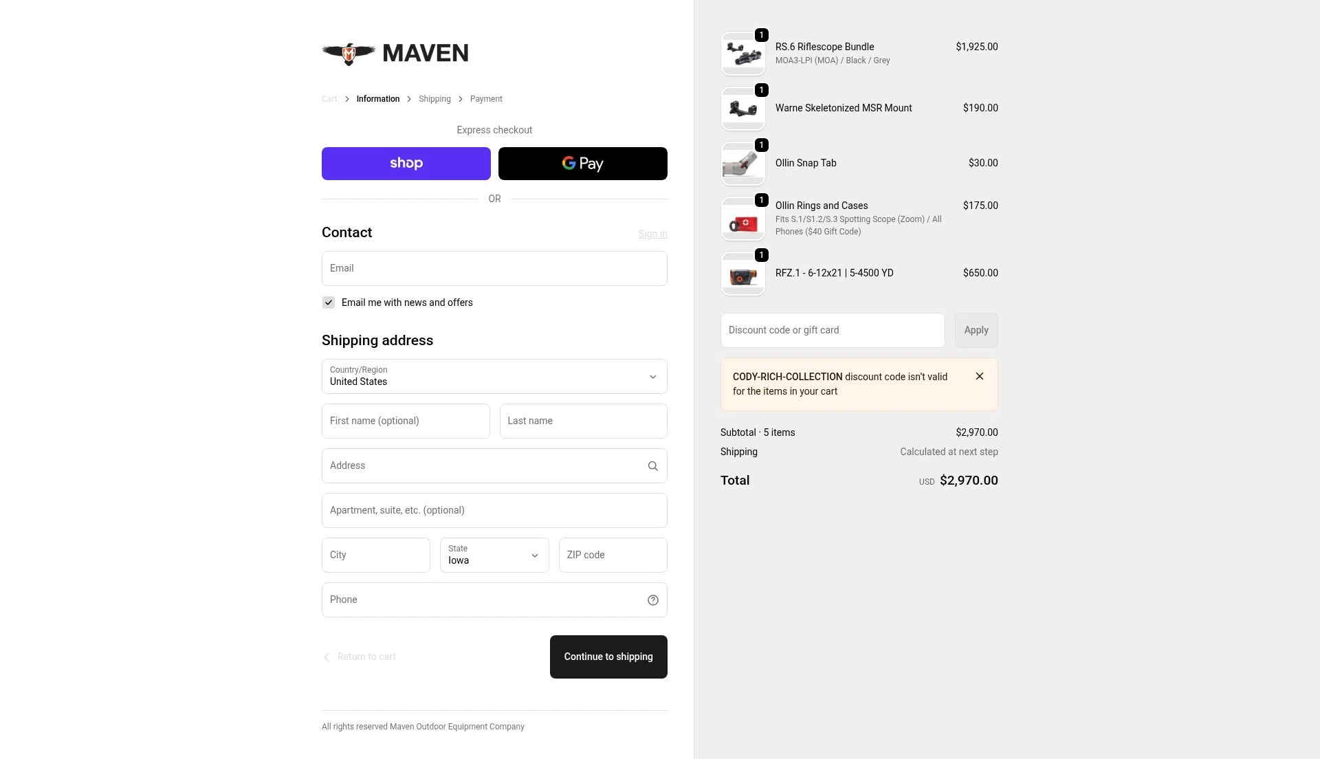 Maven Built checkout page showing Maven Built discount code box | Screenshot taken by SimplyCodes community member on Jan 31, 2026