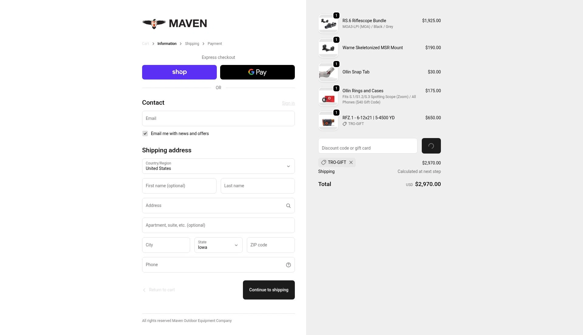 Maven Built checkout page showing Maven Built discount code box | Screenshot taken by SimplyCodes community member on Feb 5, 2026