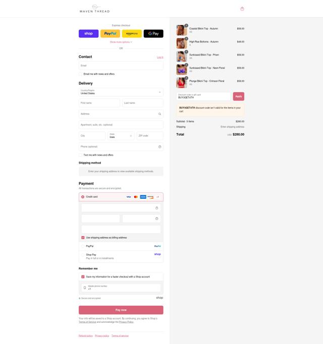 Maven Thread checkout page showing Maven Thread discount code box | Screenshot taken by SimplyCodes community member on Sep 4, 2025