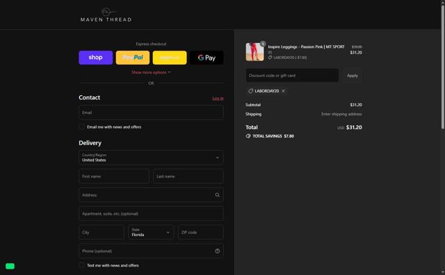 Maven Thread checkout page showing Maven Thread discount code box | Screenshot taken by SimplyCodes community member on Aug 31, 2025