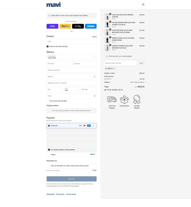 Mavi checkout page showing Mavi discount code box | Screenshot taken by SimplyCodes community member on Sep 12, 2025