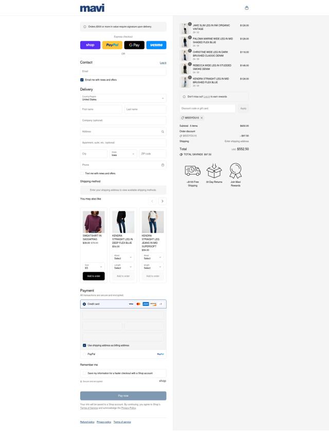 Mavi checkout page showing Mavi discount code box | Screenshot taken by SimplyCodes community member on Sep 8, 2025