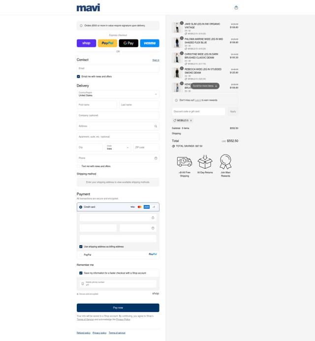 Mavi checkout page showing Mavi discount code box | Screenshot taken by SimplyCodes community member on Sep 12, 2025