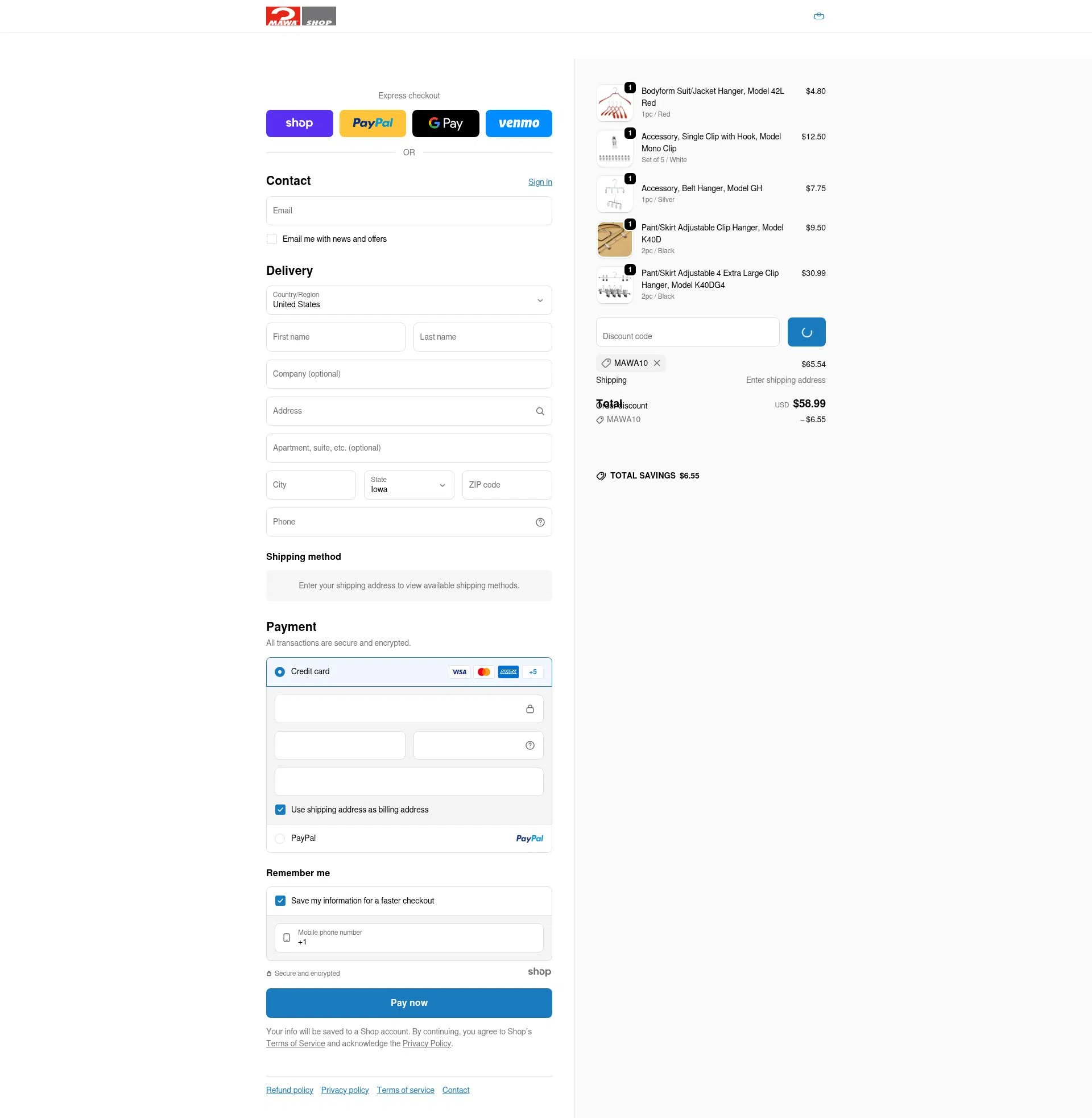 MAWA Hangers checkout page showing MAWA Hangers promo code box | Screenshot taken by SimplyCodes community member on Dec 17, 2025
