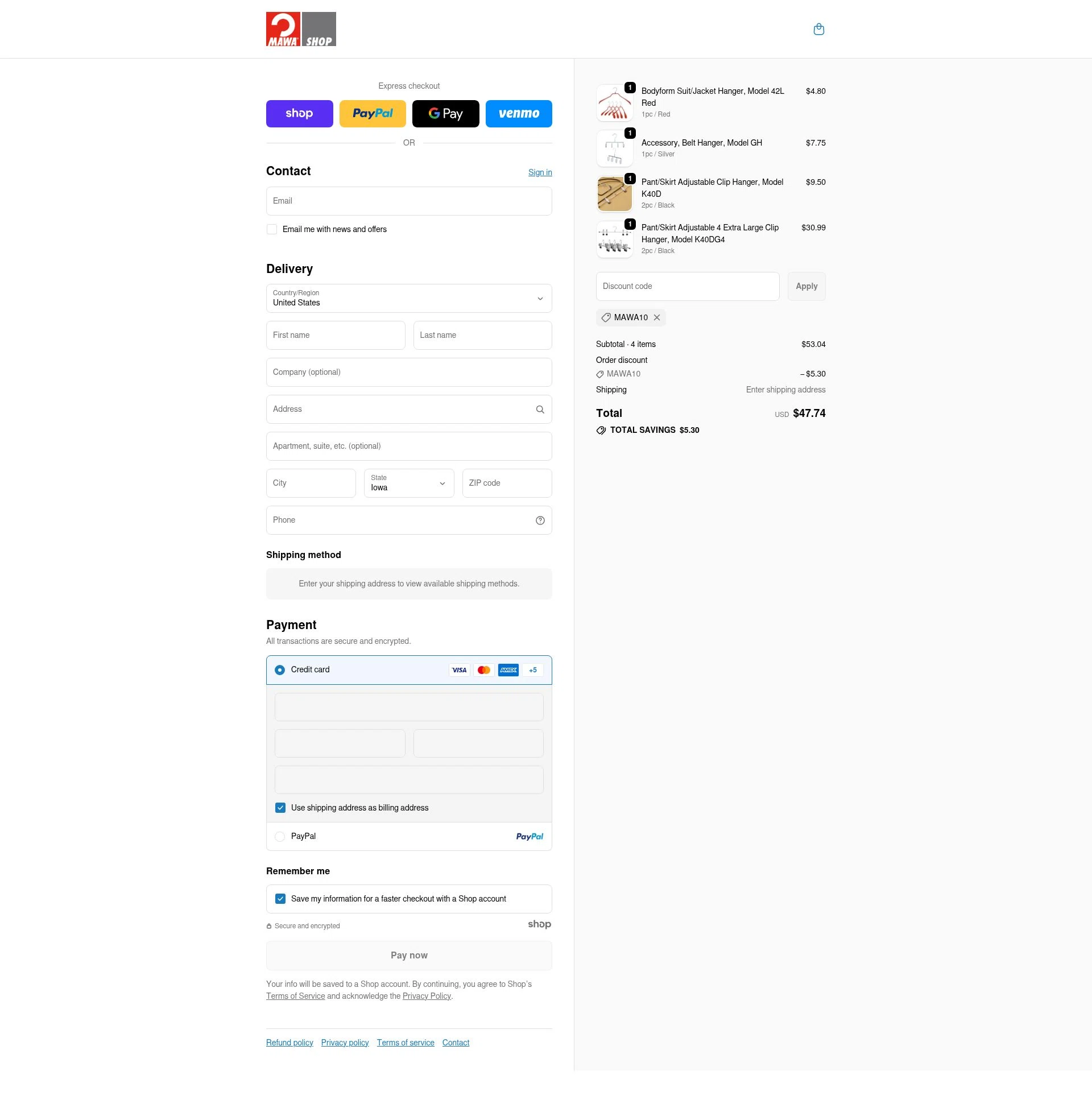 MAWA Hangers checkout page showing MAWA Hangers promo code box | Screenshot taken by SimplyCodes community member on Nov 20, 2025