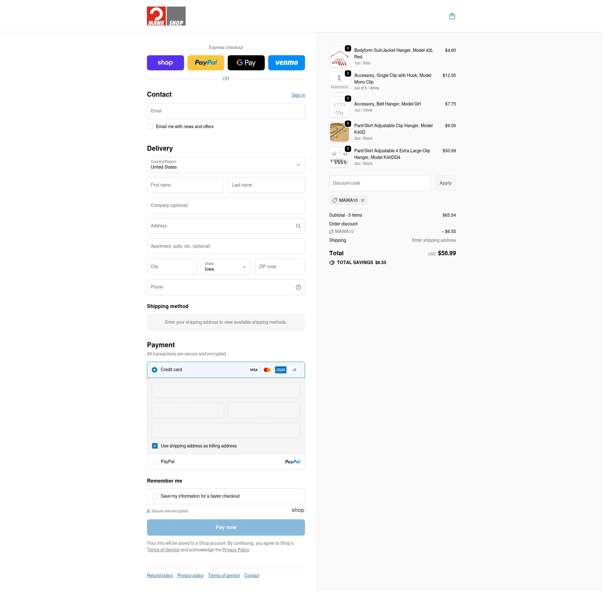 MAWA Hangers checkout page showing MAWA Hangers promo code box | Screenshot taken by SimplyCodes community member on Dec 11, 2025