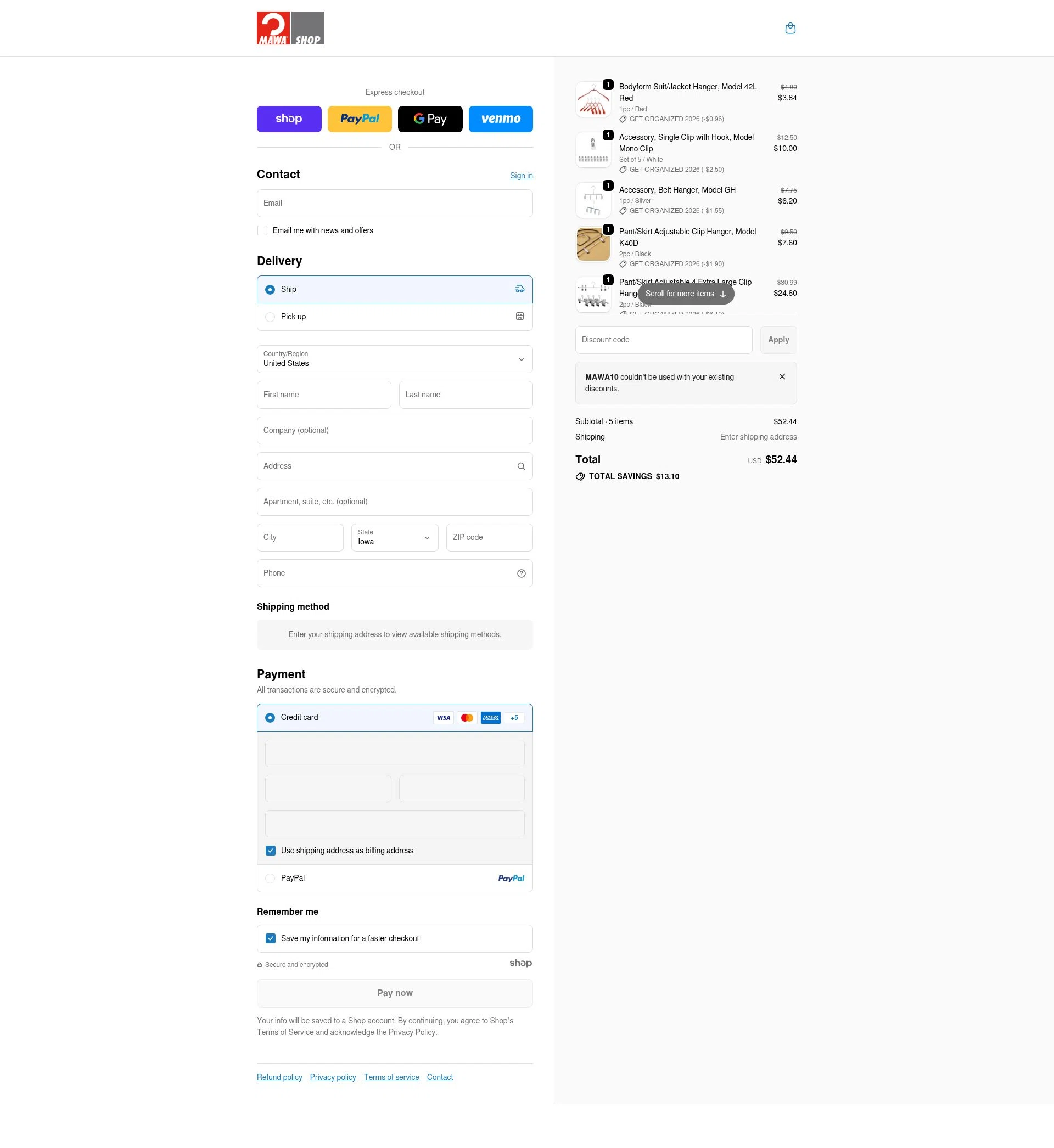 MAWA Hangers checkout page showing MAWA Hangers promo code box | Screenshot taken by SimplyCodes community member on Dec 29, 2025