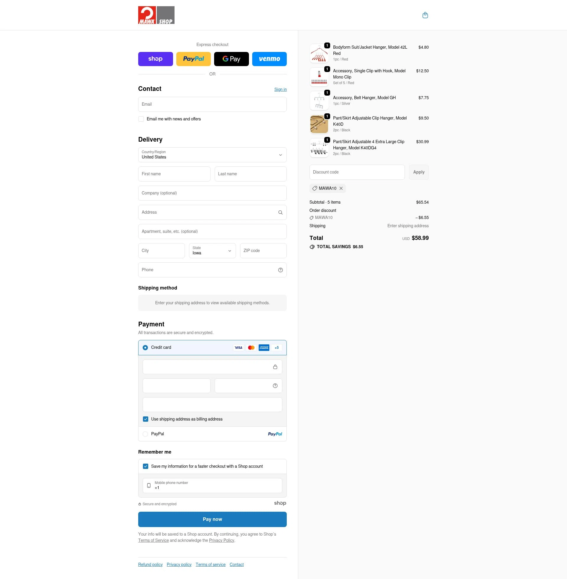 MAWA Hangers checkout page showing MAWA Hangers promo code box | Screenshot taken by SimplyCodes community member on Nov 9, 2025