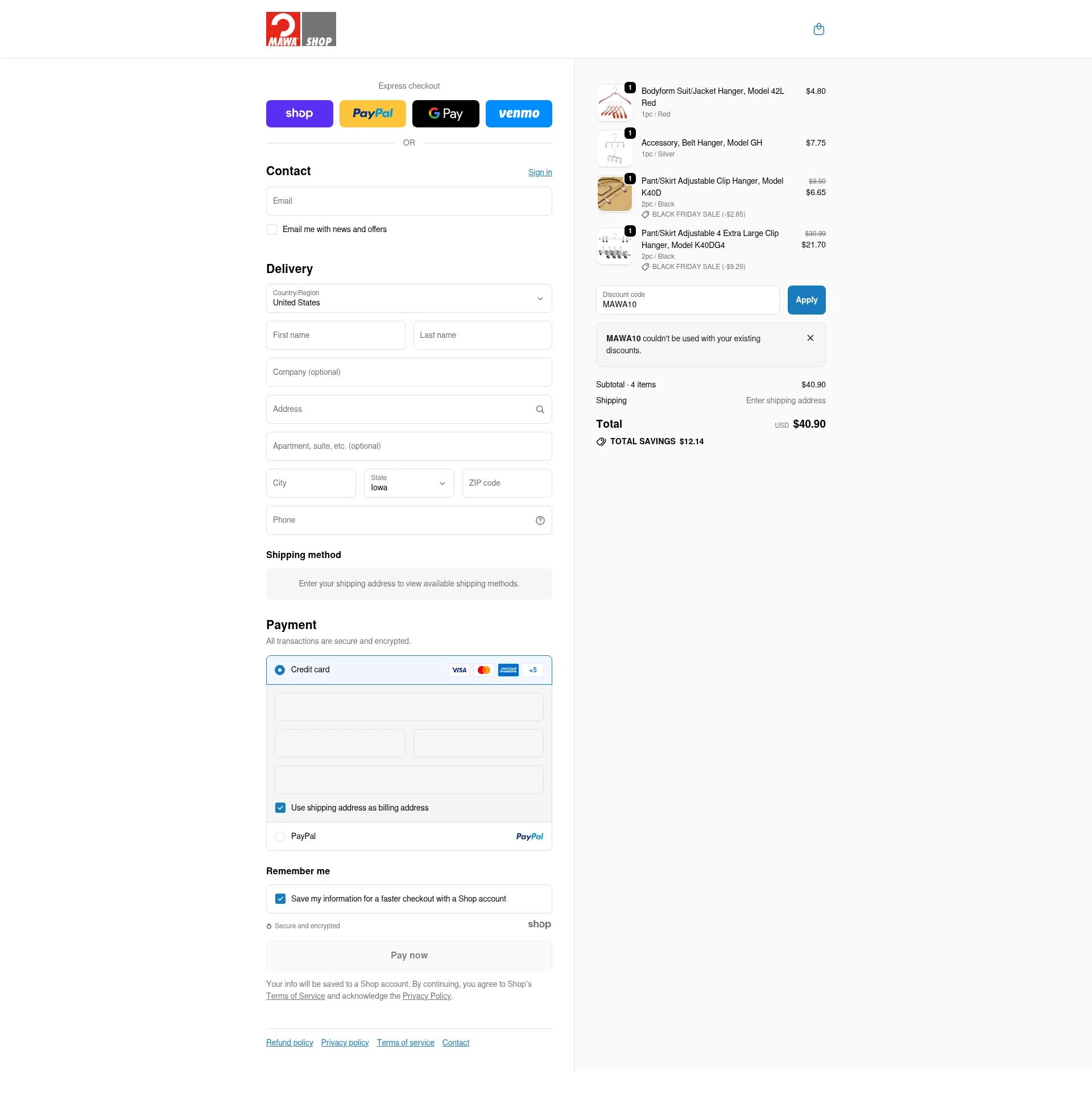 MAWA Hangers checkout page showing MAWA Hangers promo code box | Screenshot taken by SimplyCodes community member on Nov 25, 2025