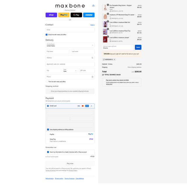 Maxbone checkout page showing Maxbone promo code box | Screenshot taken by SimplyCodes community member on Sep 9, 2025