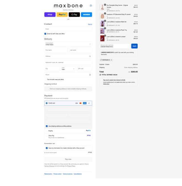Maxbone checkout page showing Maxbone promo code box | Screenshot taken by SimplyCodes community member on Sep 9, 2025