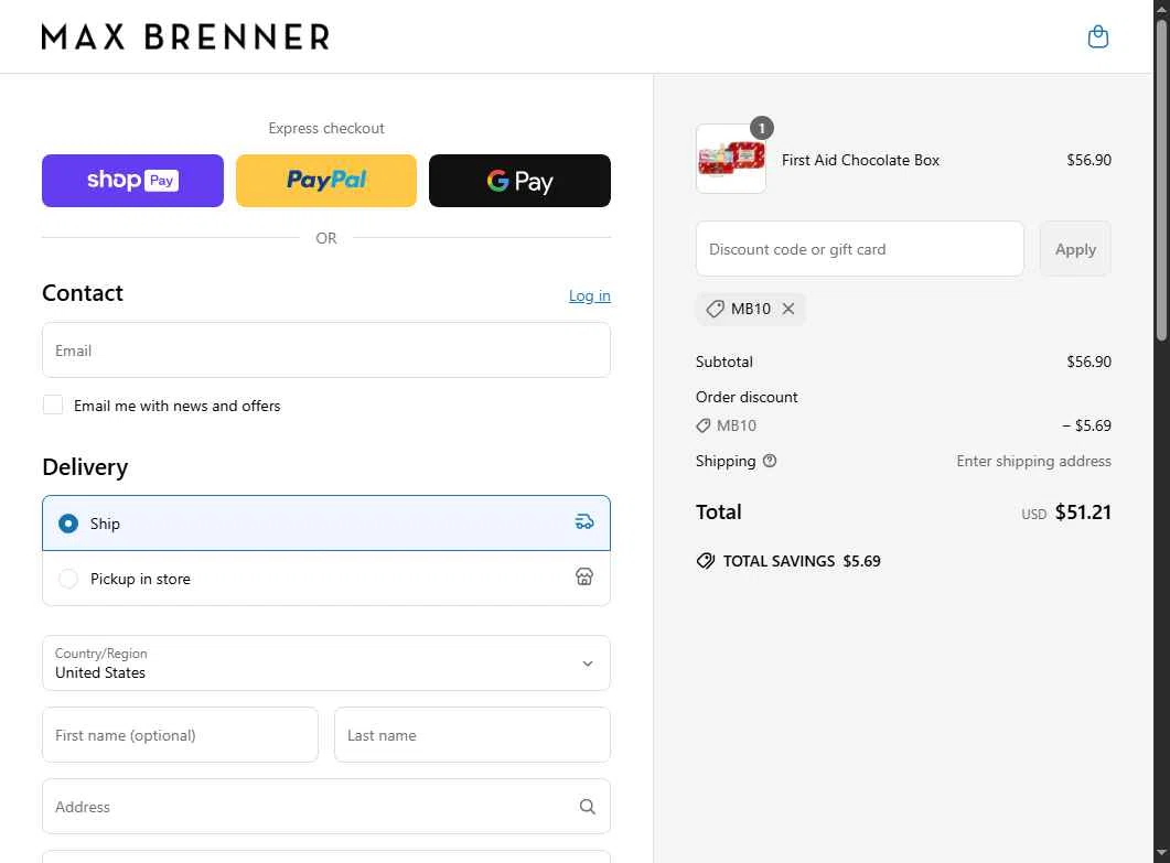 Max Brenner checkout page showing Max Brenner promo code box | Screenshot taken by SimplyCodes community member on May 31, 2025