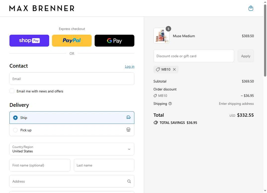 Max Brenner checkout page showing Max Brenner promo code box | Screenshot taken by SimplyCodes community member on Jul 28, 2025