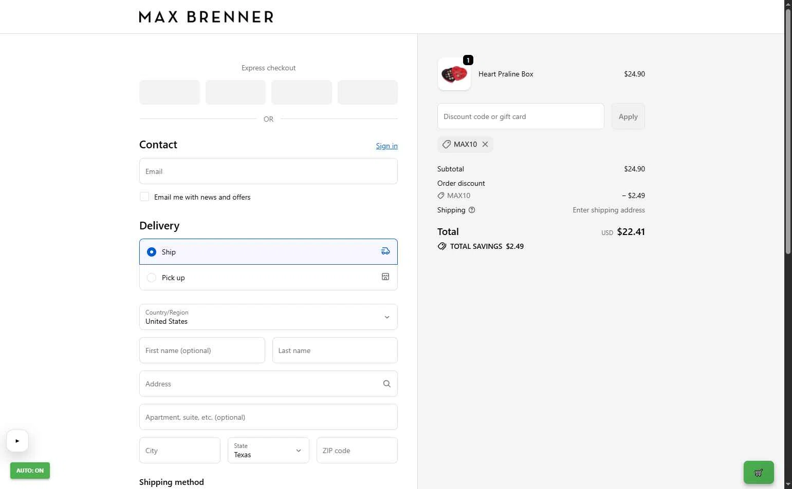 Max Brenner checkout page showing Max Brenner promo code box | Screenshot taken by SimplyCodes community member on Jan 9, 2026