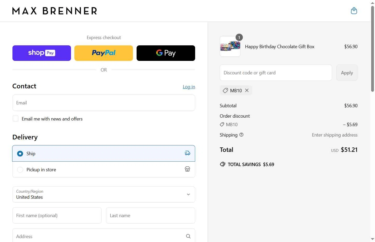 Max Brenner checkout page showing Max Brenner promo code box | Screenshot taken by SimplyCodes community member on May 31, 2025