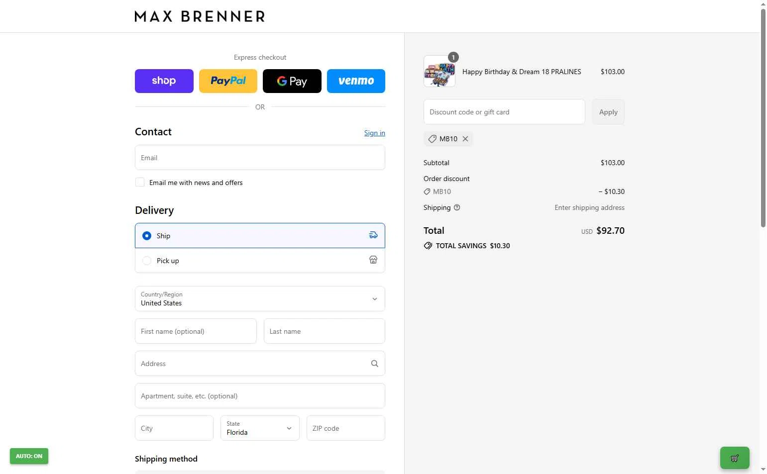 Max Brenner checkout page showing Max Brenner promo code box | Screenshot taken by SimplyCodes community member on Sep 13, 2025