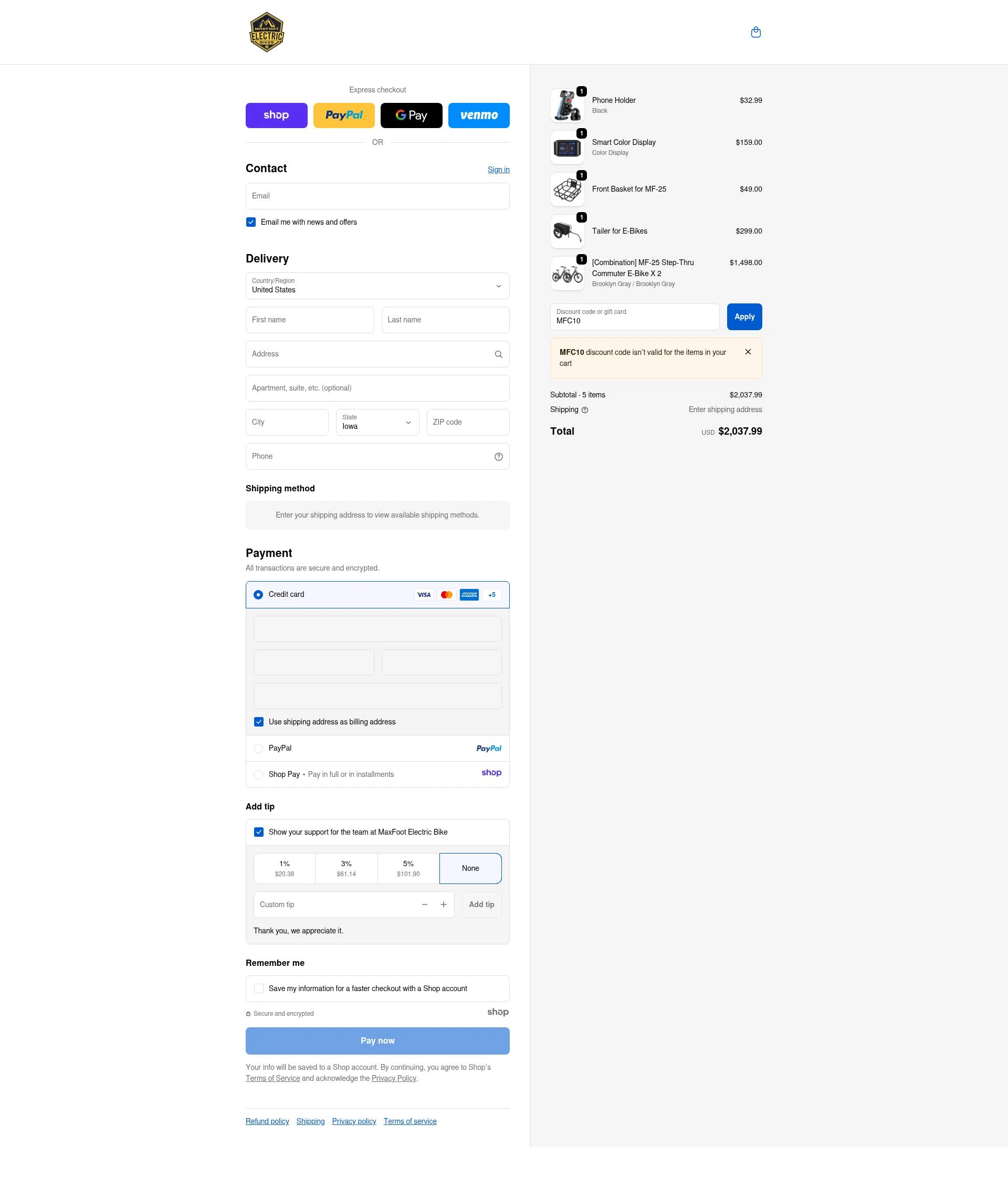 MaxFoot Electric Bike checkout page showing MaxFoot Electric Bike promo code box | Screenshot taken by SimplyCodes community member on Nov 11, 2025